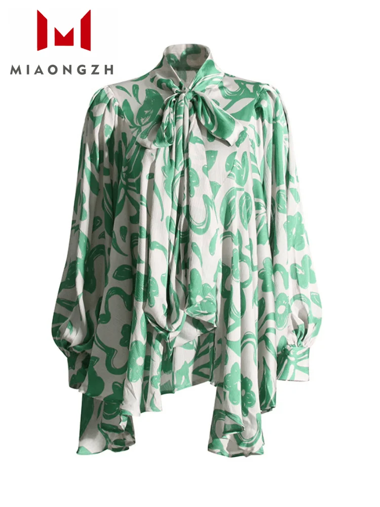 

2023 Autumn New Loose Print For Women Casual Shirts Tops Temperament Lace Up Scarf Collar Long Sleeve Retro Chiffon Female Shirt