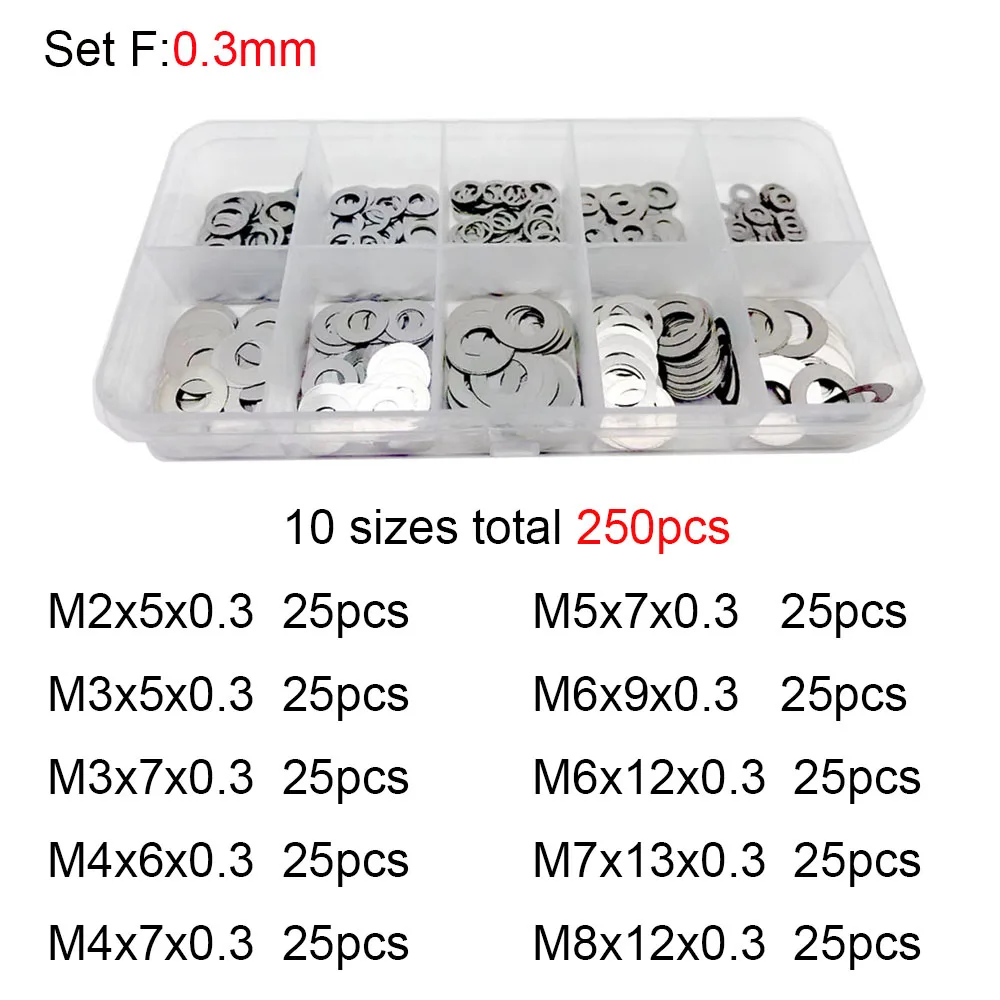 250Pcs DIN988 M2 M3 M4 M5 M6 M7 M8 304 Stainless Steel Ultra Thin Flat Washer Set Adjusting Shim Plain Gasket Assortment Kit Box