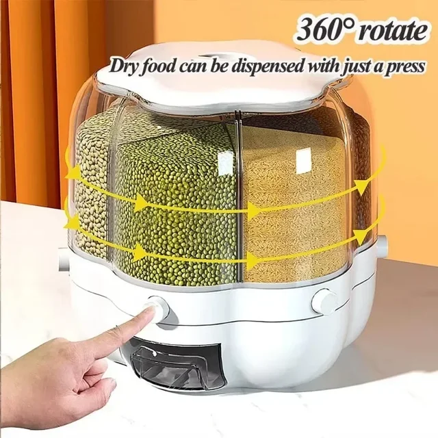 Contenitore per dispenser di cereali da banco per farina alimentare, snack, display 360 ° Contenitore per alimenti a 6 griglie con serbatoio rotante per alimenti secchi 1