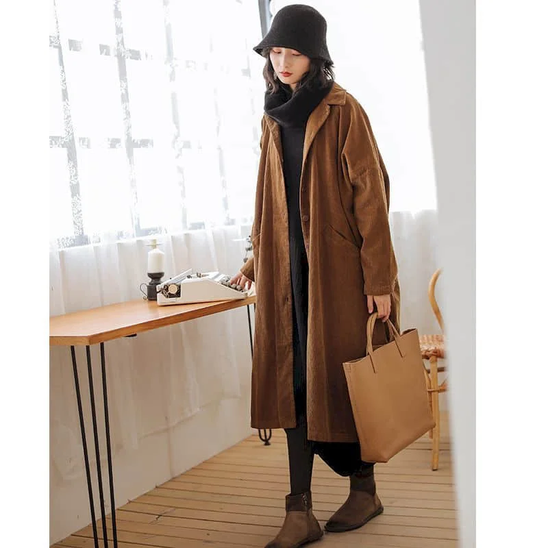 

Corduroy Trench for Women Long Sleeve Casual Korean Style Workwear Extra Long Single Breasted Vintage One-piece Coats Women Tops