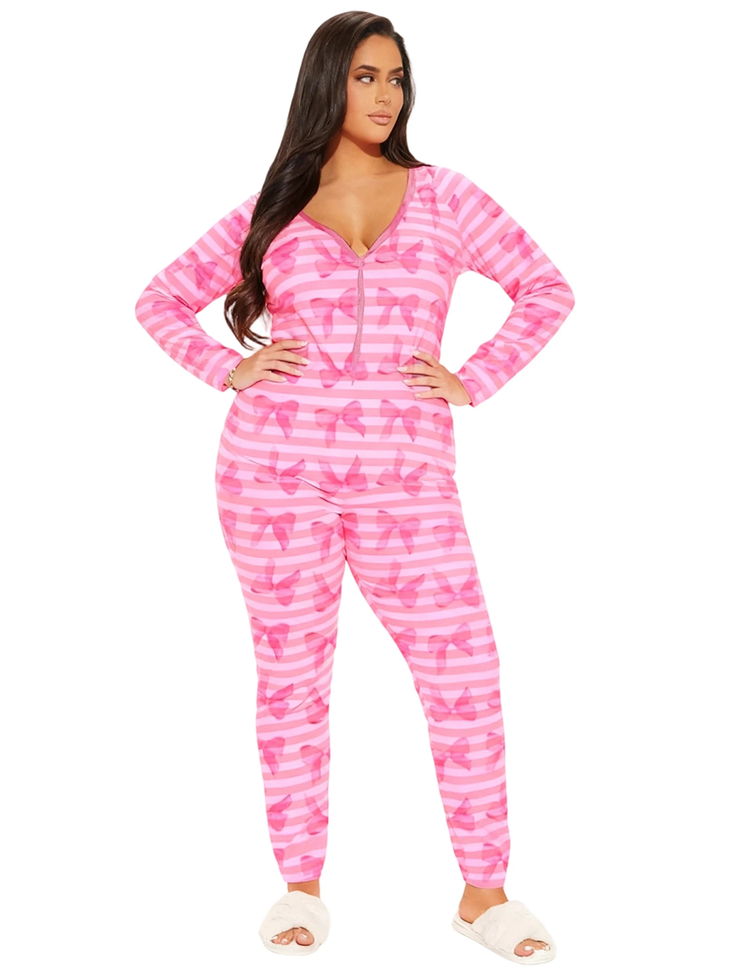 Women s Valentine s Day Jumpsuit Elegant  Fit Casual Heart Print Striped Button Up V-Neck Long Sleeve Romper with Bow Detail