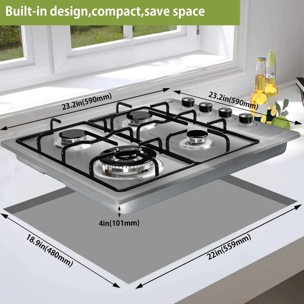 24 Inch Gas Cooktop 4 Burners, Built-in Stainless Steel Gas Hob, NG/LPG Dual Fuel Stovetop with Thermocouple 5