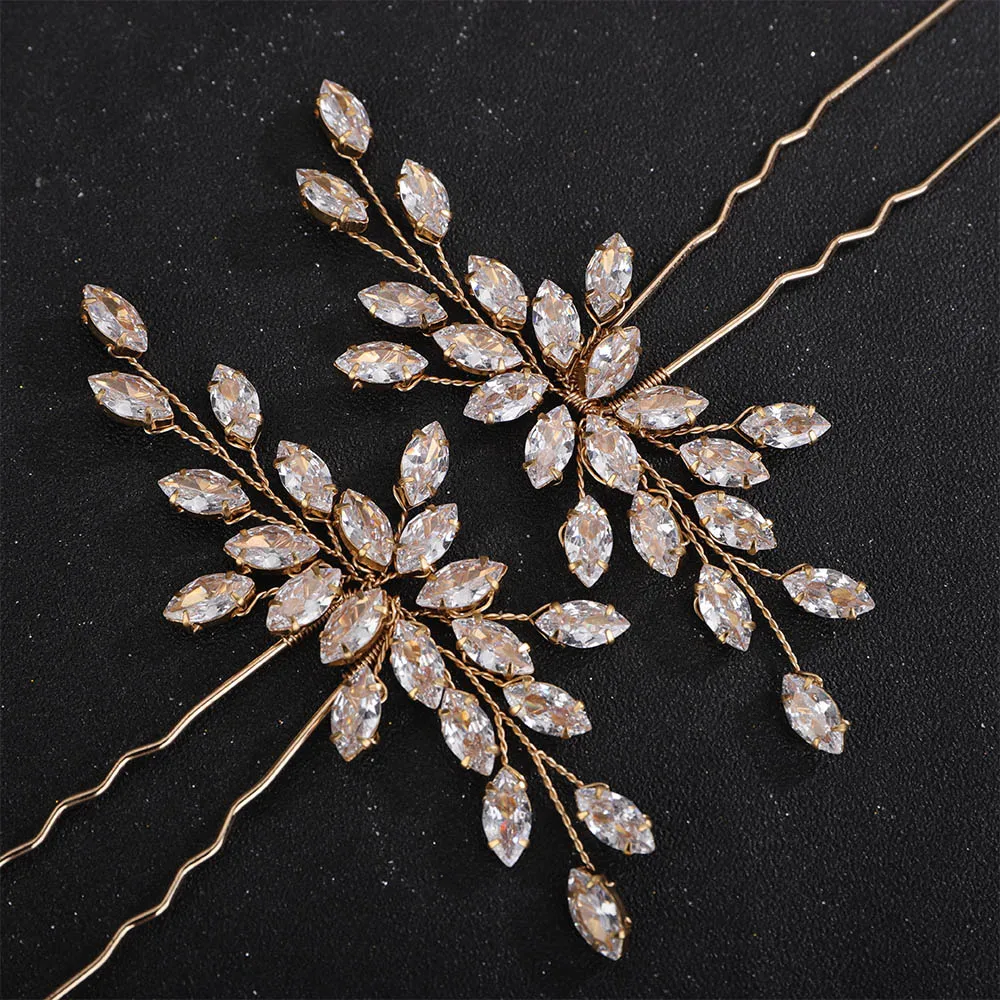 2PCS Wedding Zircon Hair Pins Silver Bridal Bride Hair Accessories for Women Handmade Bridesmaid Piece Tiaras Gold Tiaras