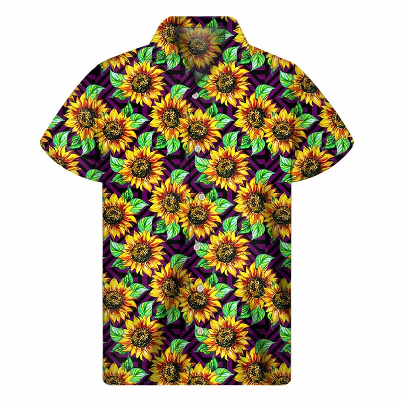 Camisa con estampado 3D de girasoles a la moda para hombre, camisas hawaianas con estampado floral, blusa de manga corta con botones y solapa de estilo urbano para mujer