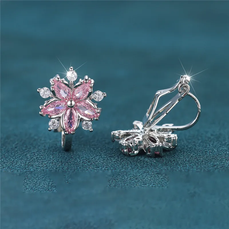 Clip Earrings Elegant Pink Crystal Sakura White Zircon Flower For Women Wedding
