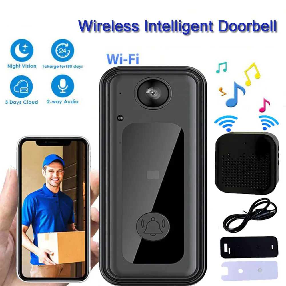 Wireless Phone Door Bell LED Night Vision Smart Video Doorbell Security Doorbell Cloud Storage Battery Powered 1080HD Live Image