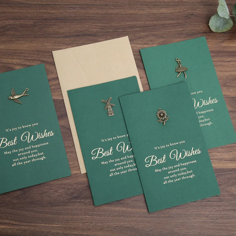 

Vintage Green Gold Plated Metal Valentine's Day Greeting Card Birthday Blessing Message Couple Confession Card