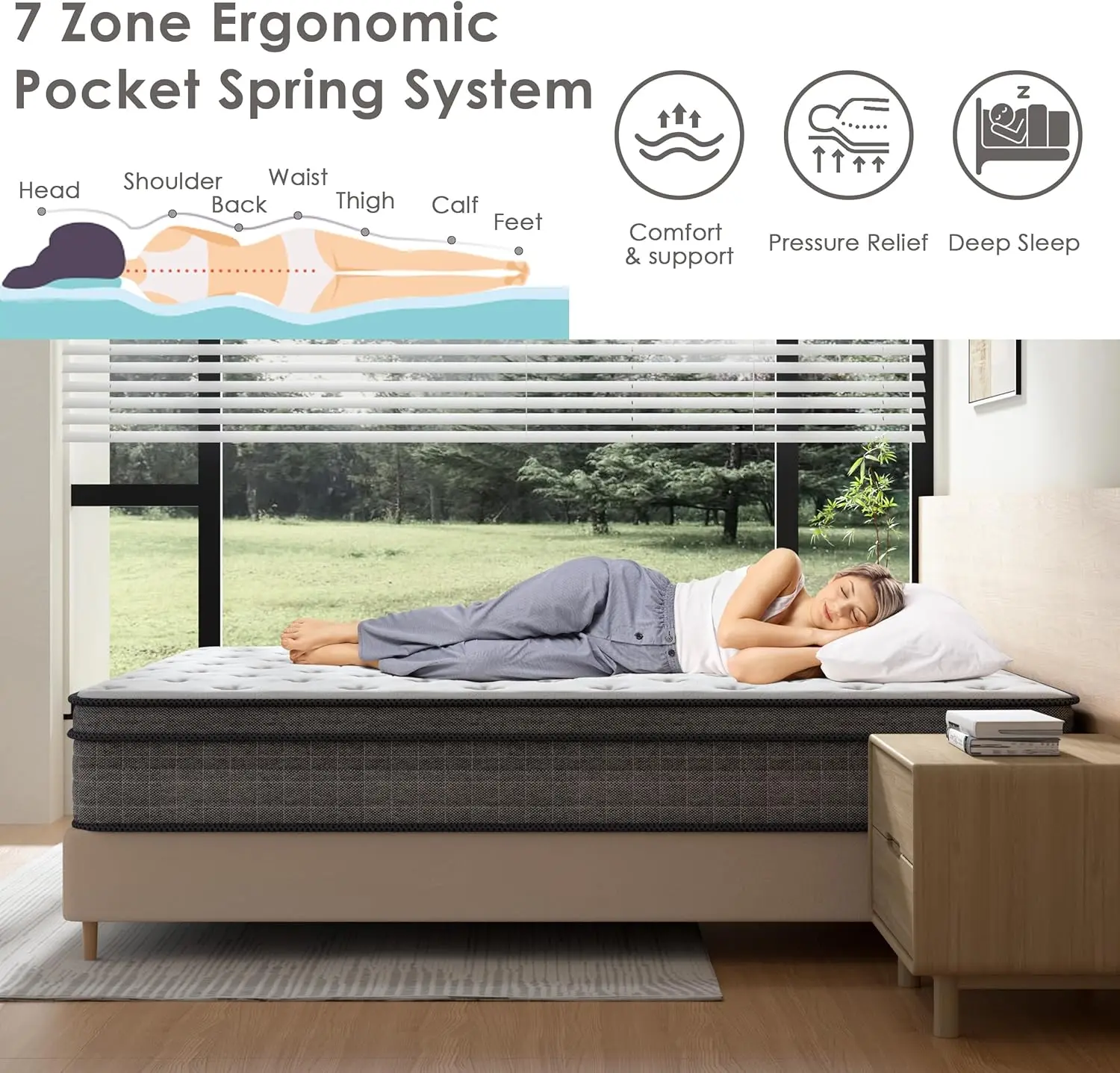 12 Inch Queen Size Mattress in a Box, Memory Foam Hybrid Mattresses with Pocket Coils Springs, Medium Firm, Motion Isolation