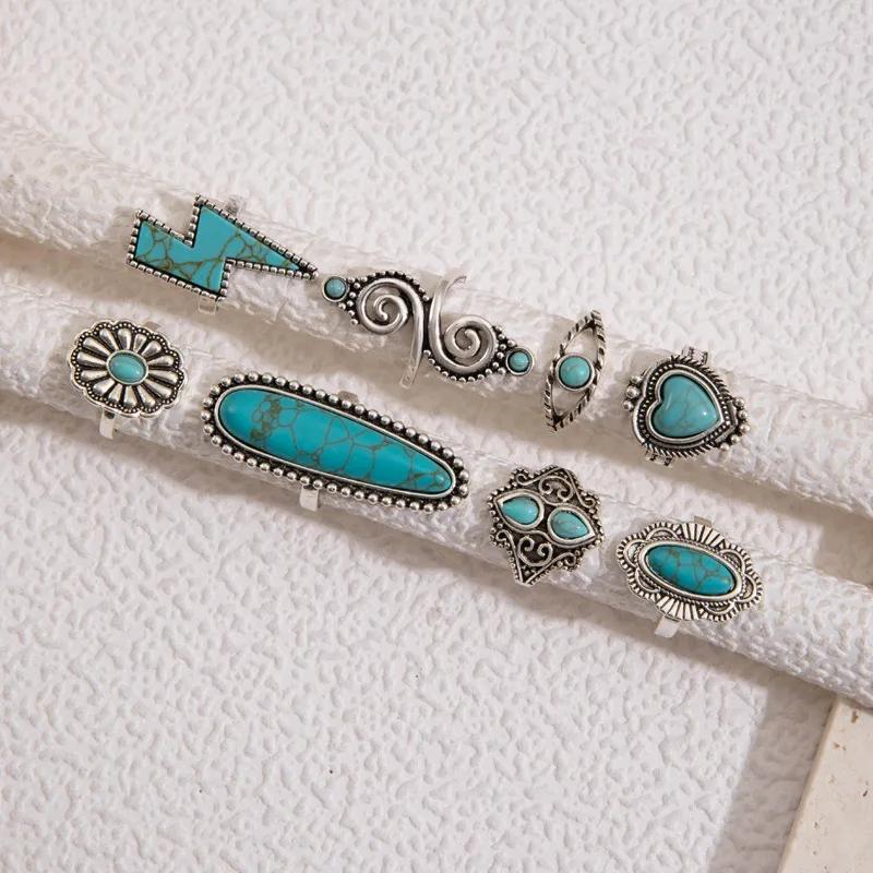 8Pcs set Vintage Bohemian Crystal Turquoise Stacking LOVE Rings Knuckle Rings Lightning Carved Rings Western Jewelry for Women 6