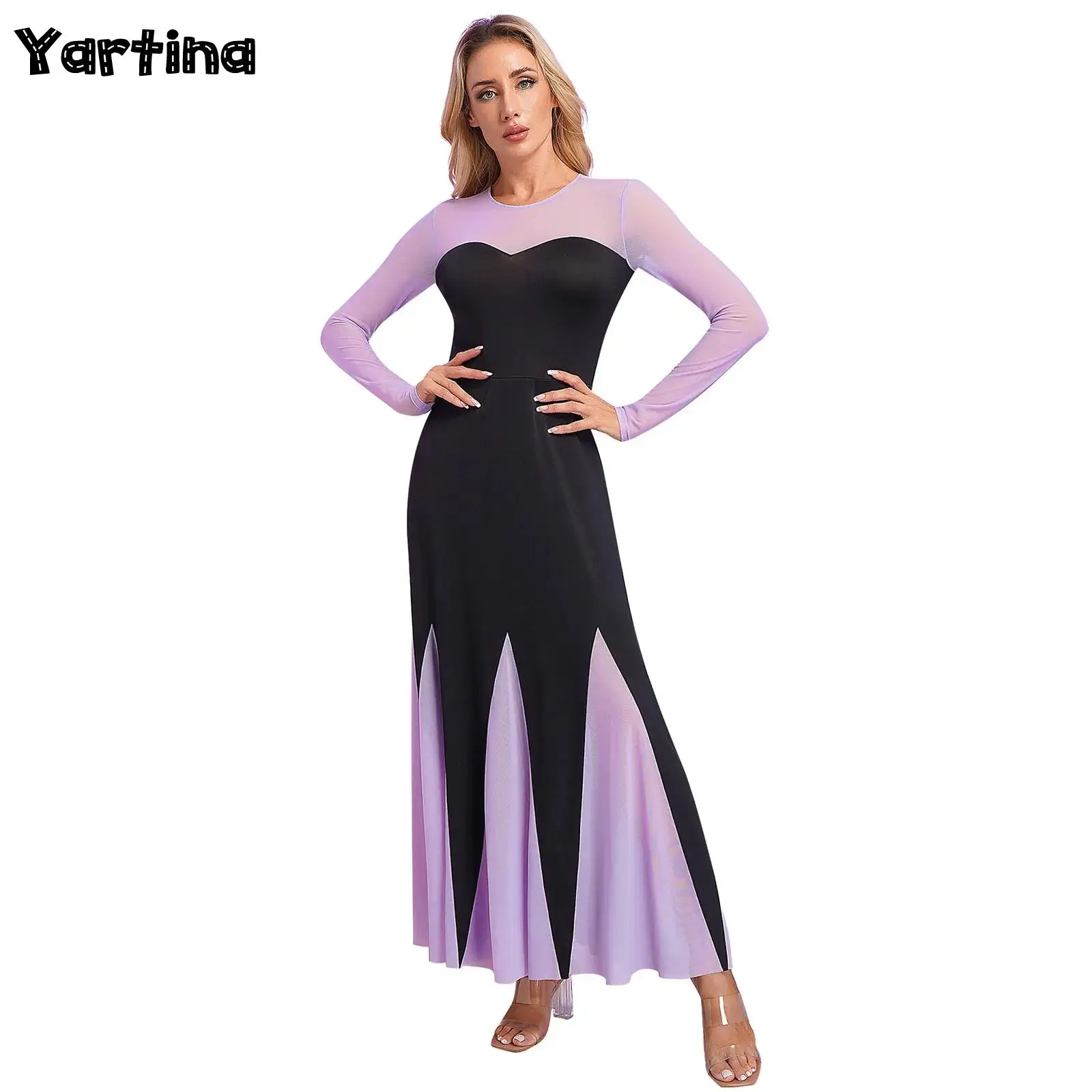 

Womens Halloween Witch Mermaid Cosplay Maxi Dress Sweetheart Long Sleeve Patchwork A-Line Dress Theme Party Masquerade Costumes