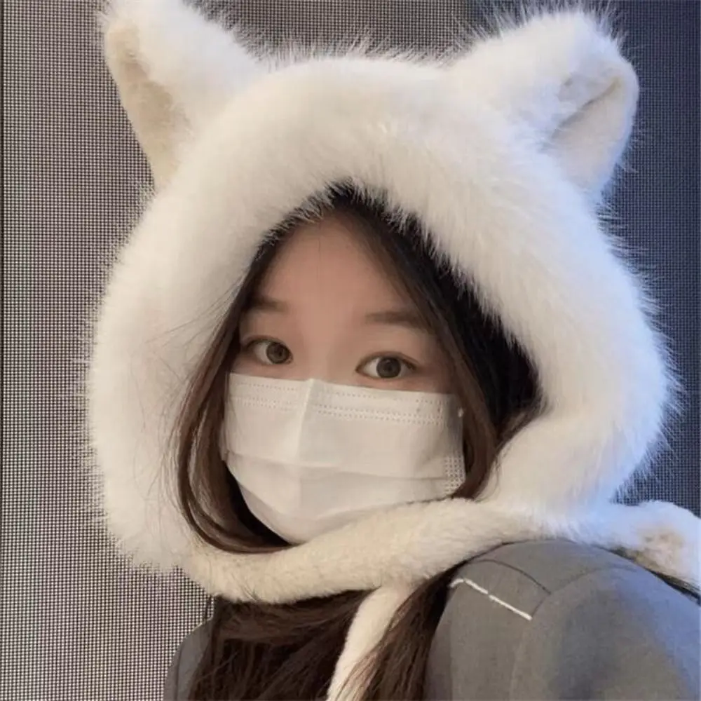 

Warm Plush Fox Ears Hat Wool Winter Cute Ear Protection Hat Fluffy Soft Bucket Hat Women