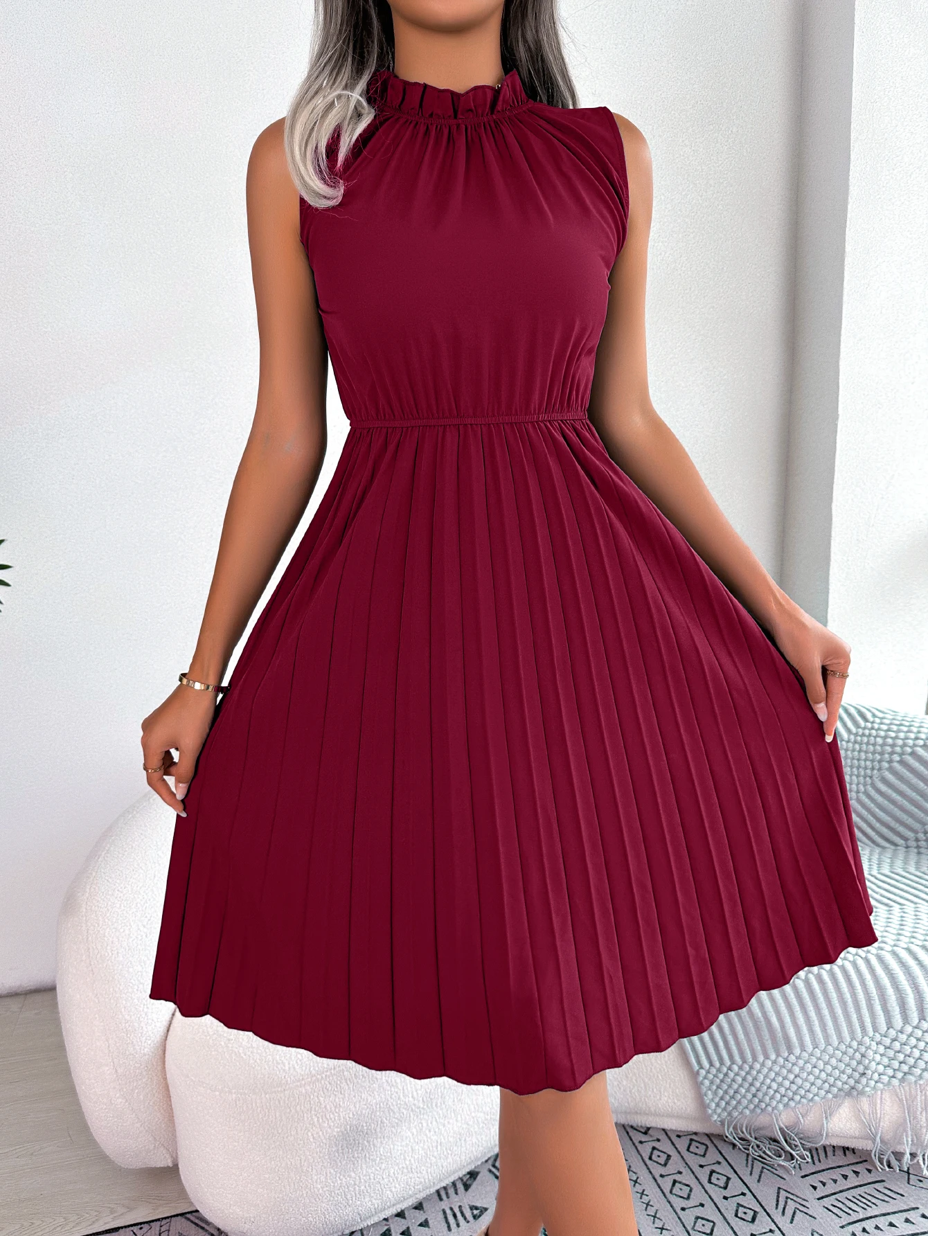 Women Summer Casual Ruffled Sleeveless Pleated Chiffon Dress Knee Length  Green Red Blue size XL Color Red
