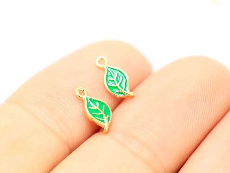 

6pcs Tiny Green Leaf charms, Real Gold plated earring charms, Earring findings, Huggie hoop earrings, bracelet pendant - G113