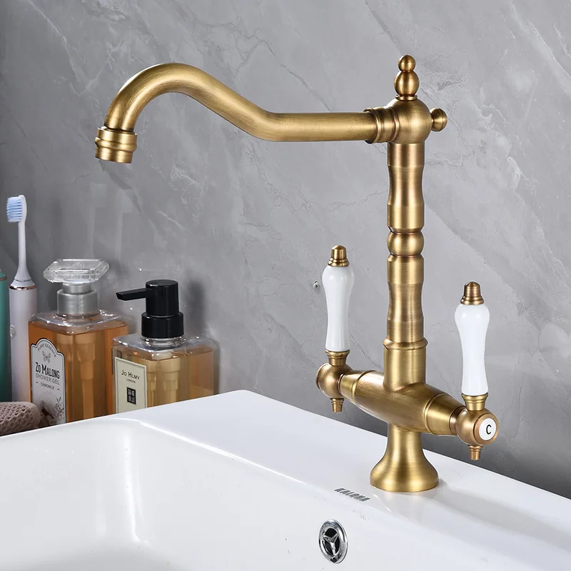 

Antique Brass Retro Faucet Dual Handle Kitchen 360 Degree Rotation Sink Mixer Tap