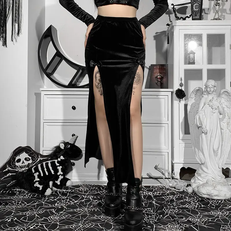 black maxi skirt Dark series skirt 2022 new design feeling minority bow Suede double-slit half-length skirt denim skirt