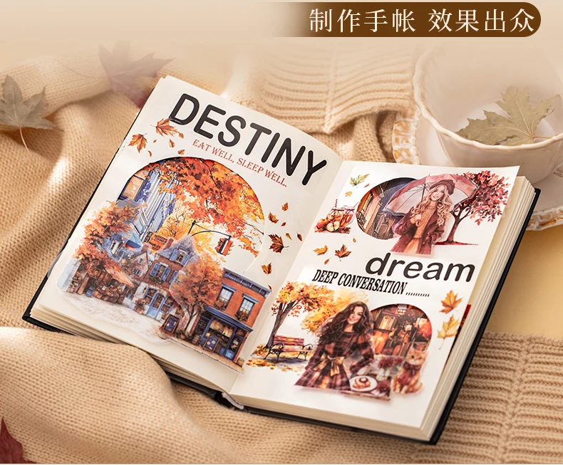 20 Sheets Paris Autumn Series Travel Theme Dual Material Sticker Book for DIY Scrapbooking Photo Frame Collage Decoration