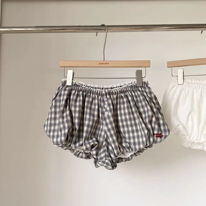 Plaid Bubble Hem Shorts with Elastic Waist, Front Buttons and Lace Trim — photo 3