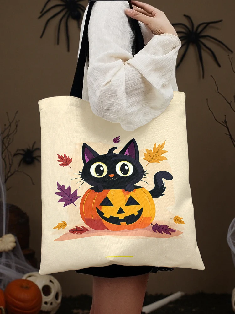 Halloween cartoon pumpkin and black cat pattern printed casual handbag, reusable fashionable shopping bag