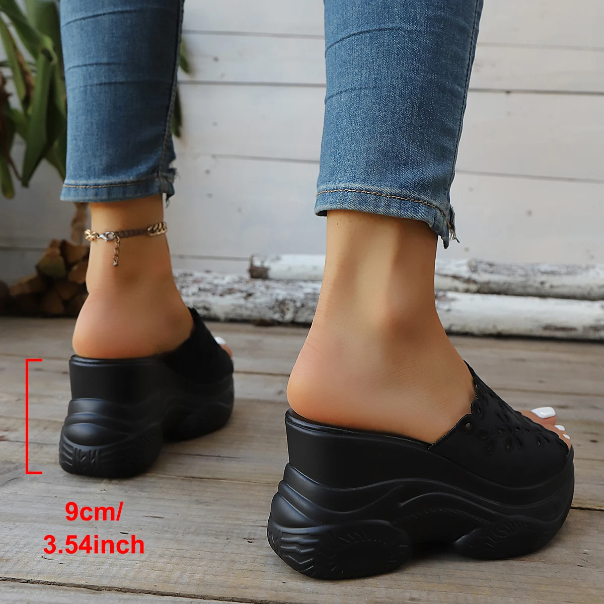 Aphixta Black Wedge Slides 3.54inch Super High Heels Platform Woman Outside Slippers Soft Hollow-out Flower Summer Wedge Shoes