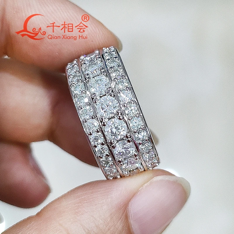 

10mm width round Moissanite Ring three rows 2/3 Band 925 Silver hip hop Men women Diamonds Male Jewelry