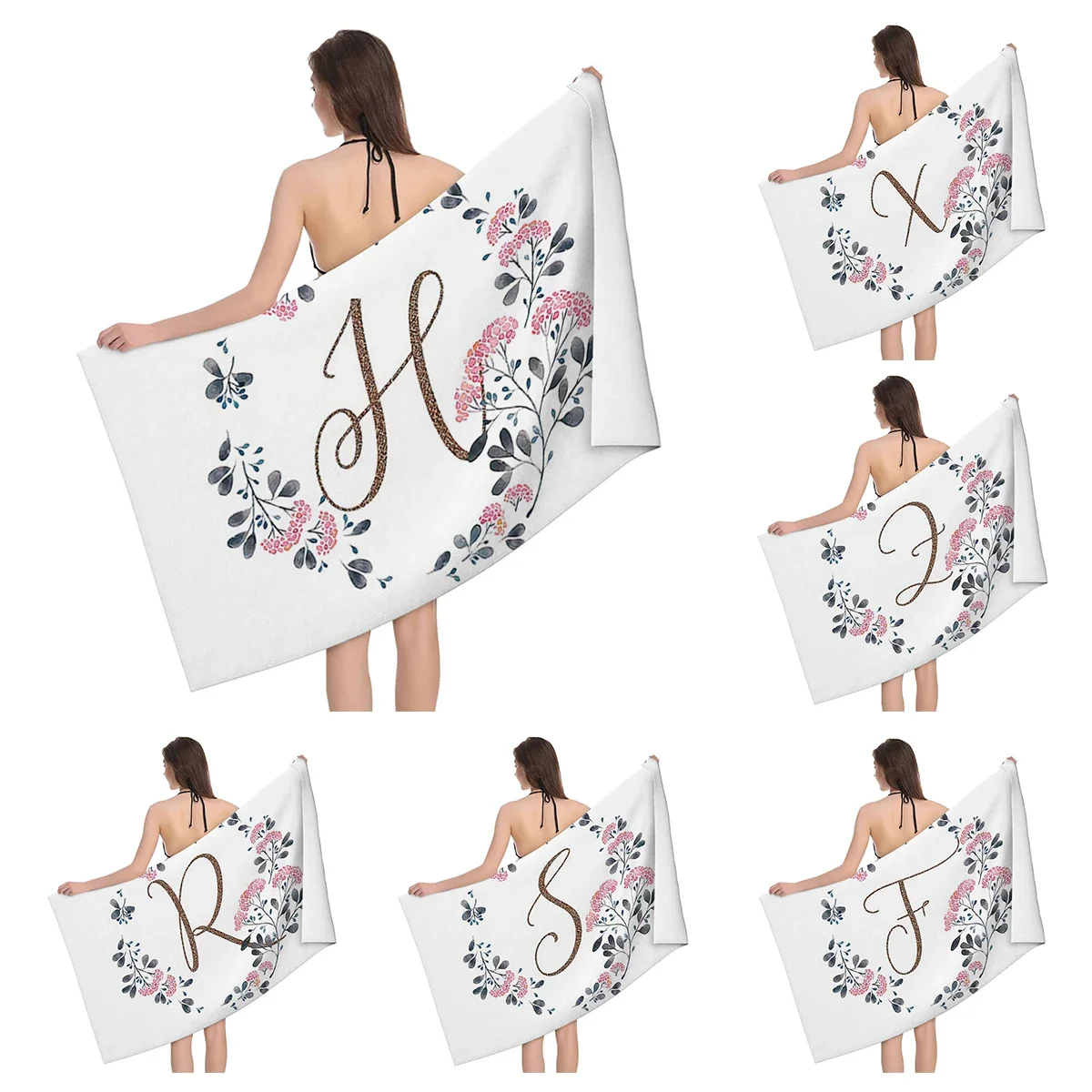 1pc Flower wreath letter pattern Pattern Beach Towel,Ultra-Fine Fiber Beach Blanket,Highly Absorbent Bath Towel,Suitable