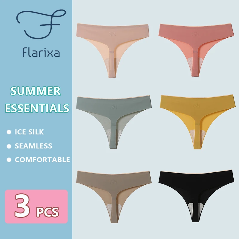 

Flarixa 3PCS Ice Silk Seamless Thong Women G String Summer Sexy Low Waist Mulberry Silk Antibacterial Panties Female Underwear