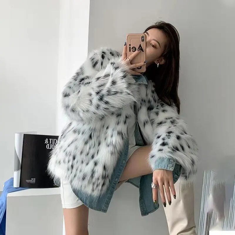 

Female Faux Mink Fur Leopard Printed Coat Woman Turn Down Collar Fake Imitation Fox Bomber Jacket Ladies Cardigan Tops G932