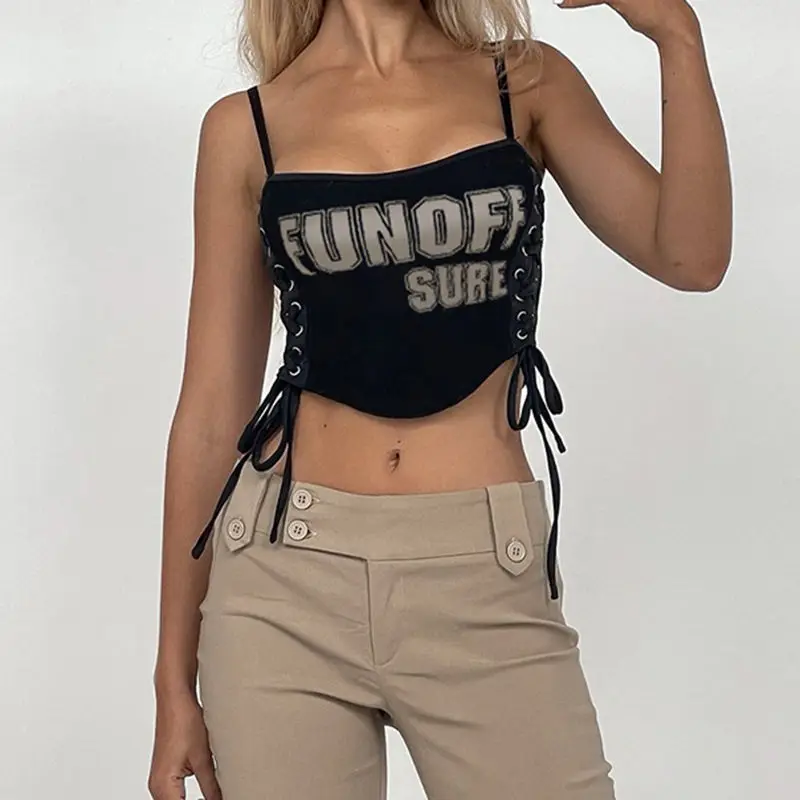 Letter Print Cross Straps Bandage Lace Up Sexy Camisole Women Summer Crop Tops High Street Tank Top Streetwear Cotton Cami sleep camisole Tanks & Camis