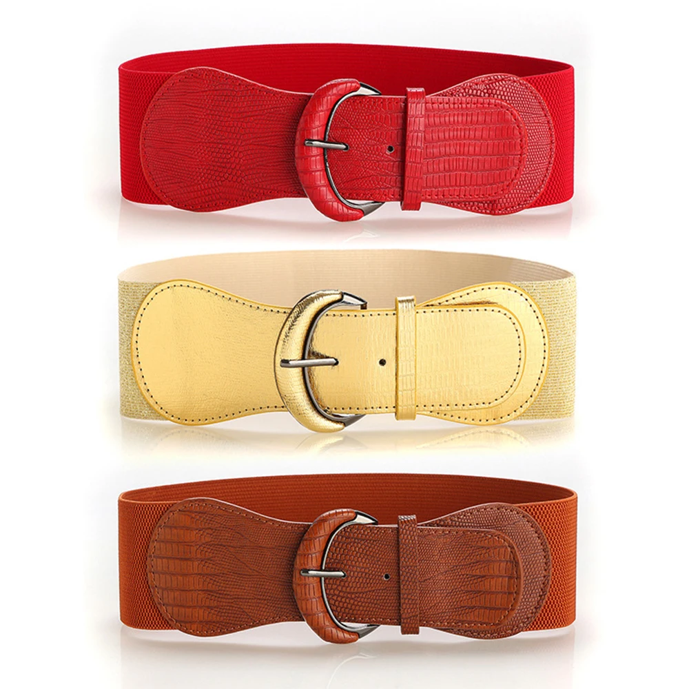

Women Elastic Stretch Waistbands Fashion Wide Waist Belt Female Gold Round Buckle Belts Ladies For Dress Coat SCM0016