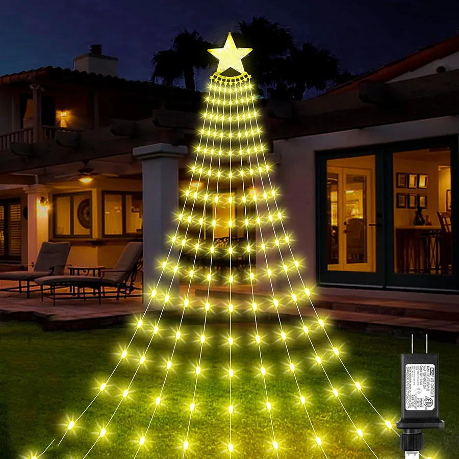 

Christmas Outdoor Star String Light 9Strand 3M Waterfall Tree Light with Star Topper 288 LED Tree Hanging Icicle Light