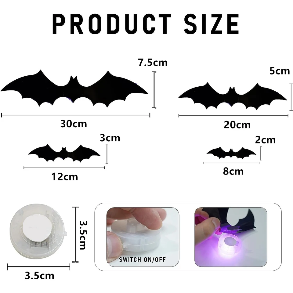 Décoration D'Halloween LED Chauve-souris - Décoration Murale 3D - 3 Tailles - Autocollants Imperméables En PVC - Pour Décoration D'intérieur Et De Fête (24 Pièces