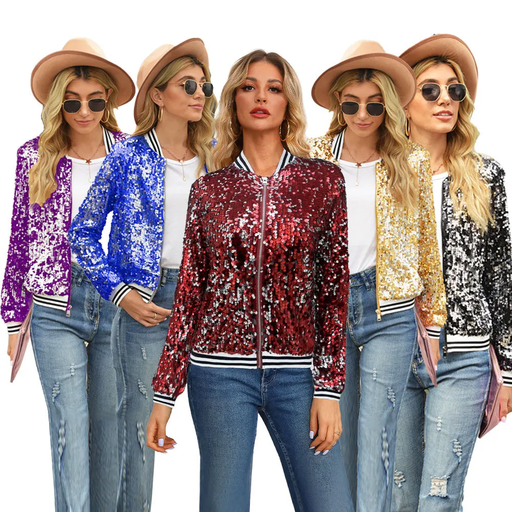 Description Picture 5 of itemWomen's Golden Outerwear Coat Fashion Sequin Long Sleeve Zippered Top Autumn New Style Jacket For Women Red Blue
