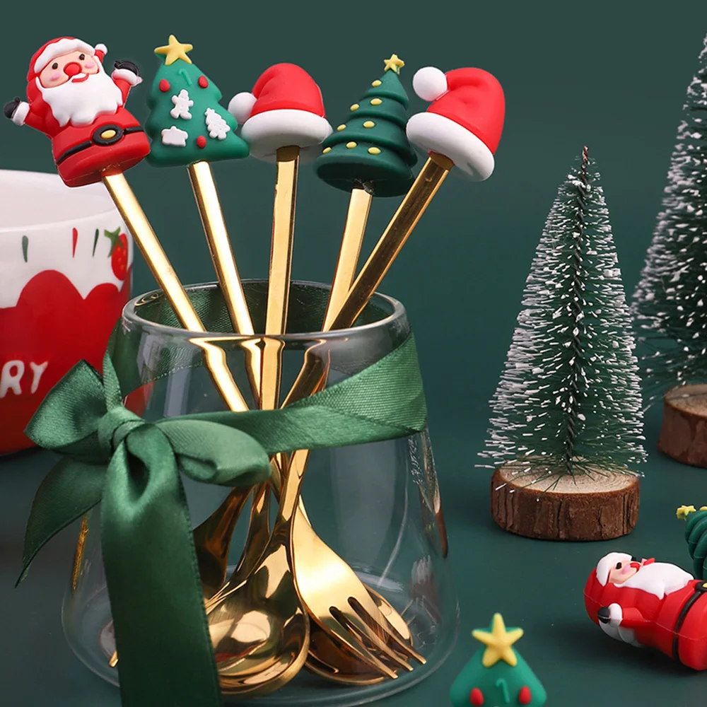 Christmas Gift Gold Spoon Fork Set Elk Christmas Tree Decoration Dessert Scoop Fruit Fork Coffee Spoon Festive Cutlery 6/4 PCS
