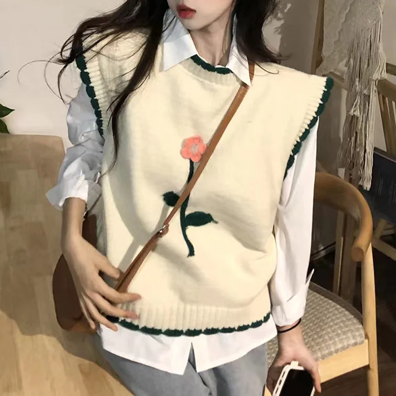 

Sleeveless Vests for Women Korean College Style Cute Flowers Knitted Top Spring Summer Loose Pullover Girls Tank Top Sweaters