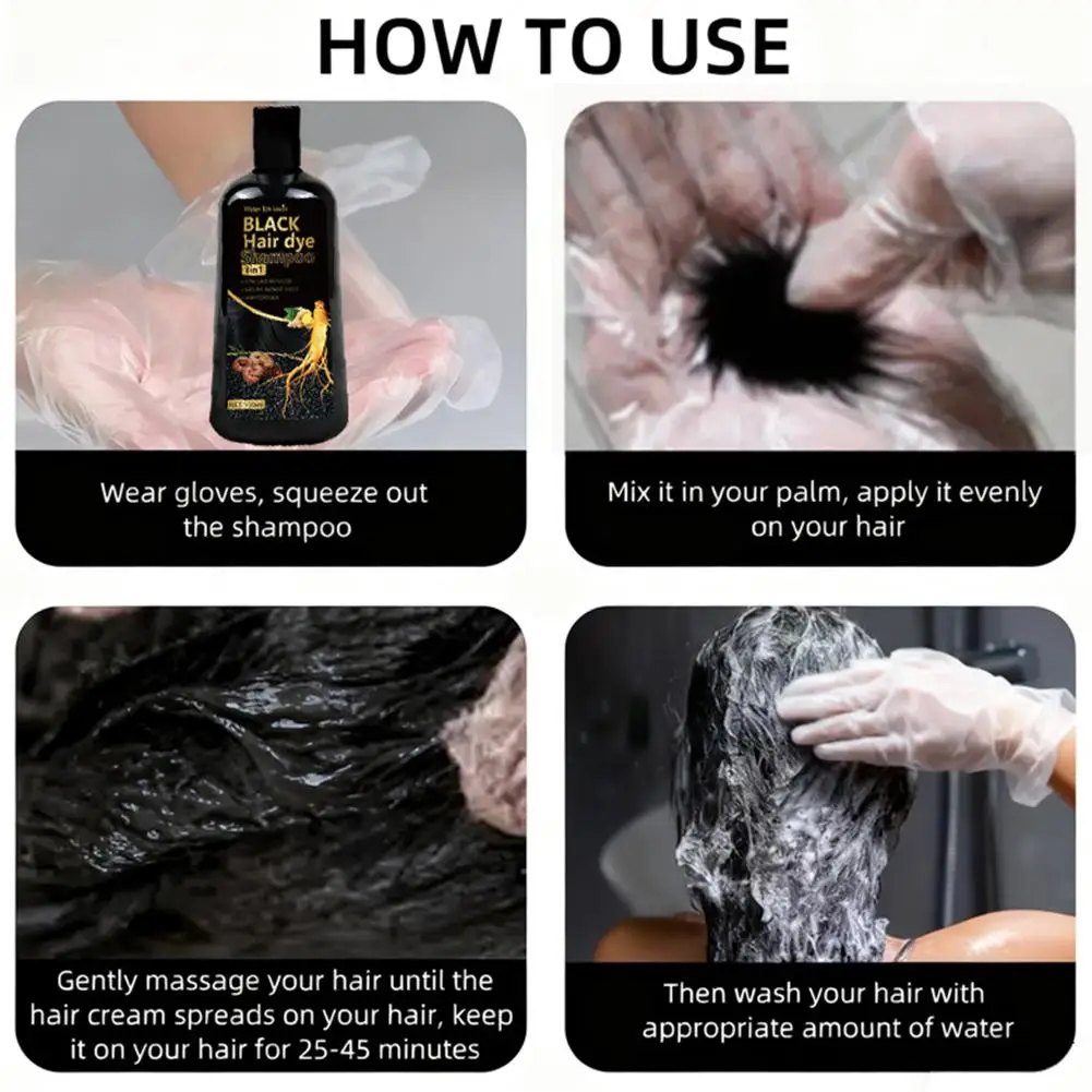 Black Hair Dye Shampoo 3in1 with Ginger & Biotin - Long Lasting Color & Gray Coverage for Vibrant Hair R3Z8