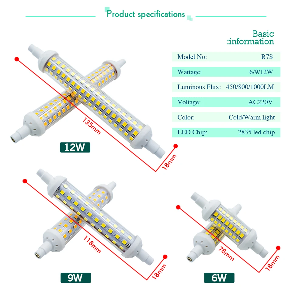 Description Picture 3 of itemR7S LED Ceramics Tube SMD 2835 Bulb 78MM 118MM 135MM High Power R7s Corn Lamp J78 J118 J135 Replace Halogen Light 220V Lampadas