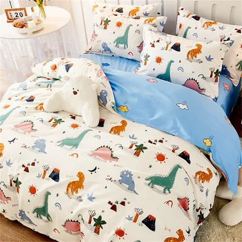 Cute Cartoon Dinosaur Single Duvet Cover Set for Kids, Bedding Set with Zipper, Microfiber Duvet Cover Set and Pillowcases 75*50 1