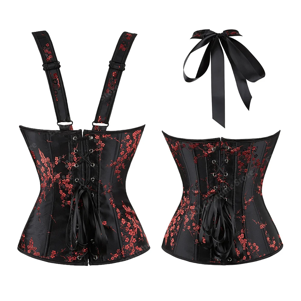 Corset with Straps for Women Floral Jacquard Corset Bustiers Black Gothic Tops Plus Size Lace Up Corsets Vintage Red XS-7XL