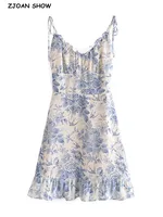 Retro French style Summer Blue White Floral Swallow Print Ruched Bandage Strap Mini Dress Sexy Ruffles Hem Lacing Up Sling Robe