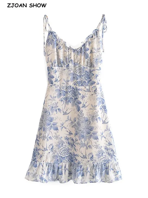 Retro French style Summer Blue White Floral Swallow Print Ruched Bandage Strap Mini Dress Sexy Ruffles Hem Lacing Up Sling Robe