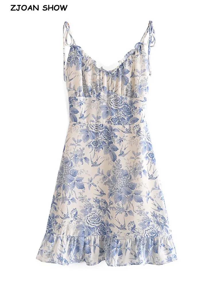 Retro-French-style-Summer-Blue-White-Floral-Swallow-Print-Ruched ...