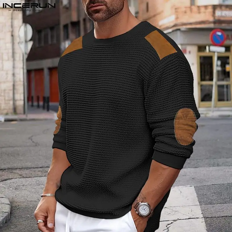 

Casual Simple Style Tops INCERUN 2023 Handsome Men Solid Color Patch O-neck Sweater Fashionable Male Long Sleeved Pullover S-5XL