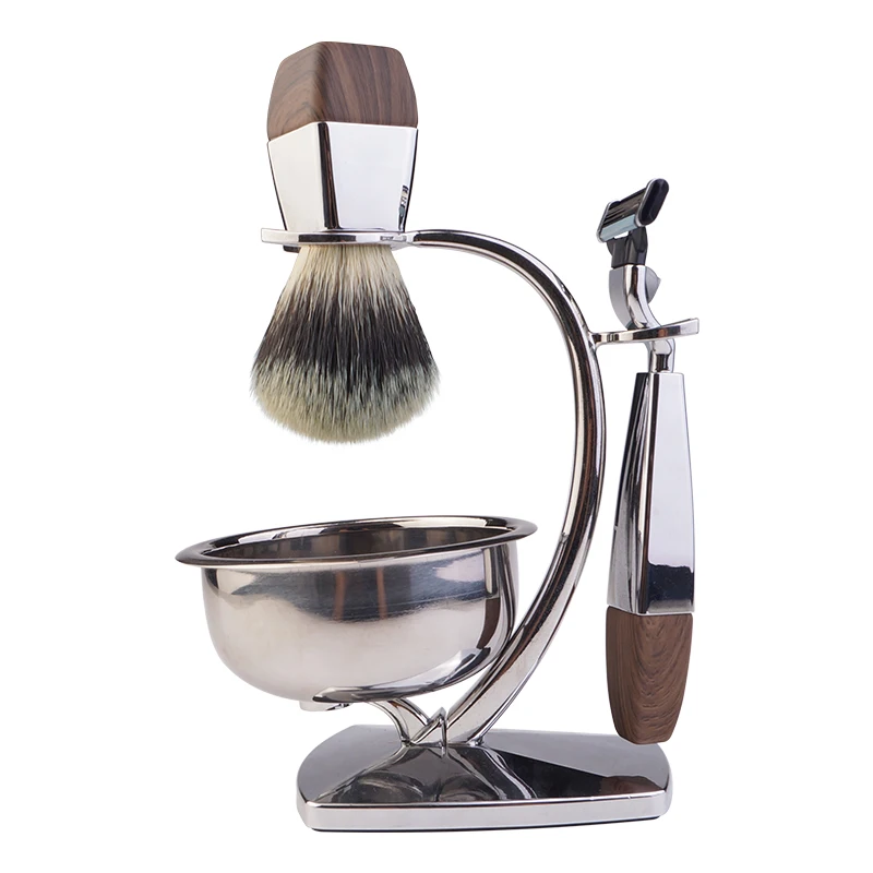 

High Quality Badger Hair Shaving Brush， Shave Stand and 3 Blade Razor Metal Men shaving set for men shave