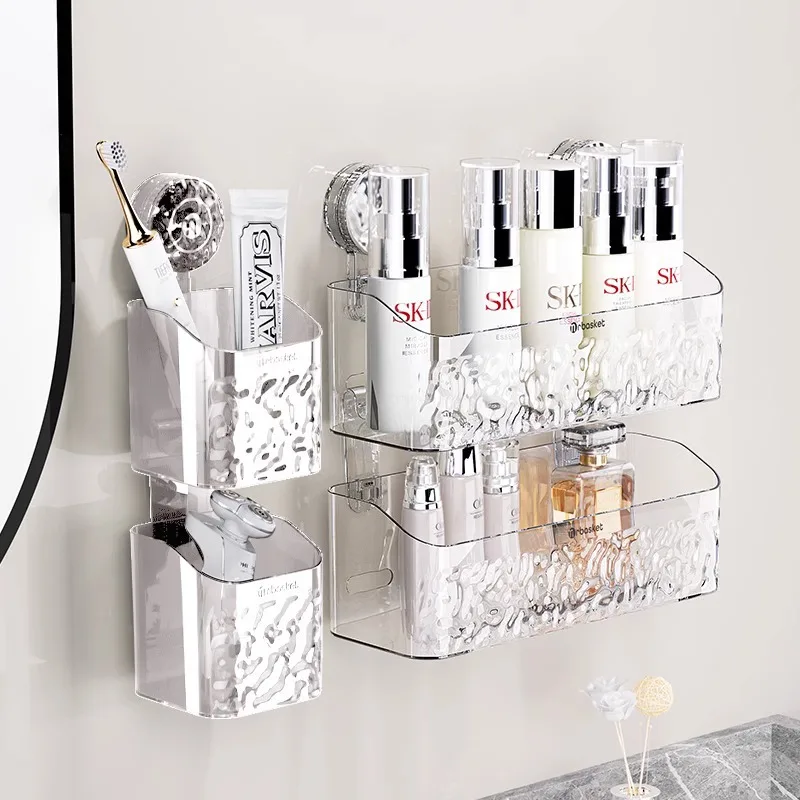 ชั้นวางของในห้องน้ำแบบติดกระจกสุญญากาศลายน้ำแข็ง ติดตั้งง่ายในไม่กี่วินาที หมุนได้ ถอดออกได้ 1