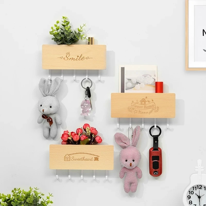 Multifunction Household Hook Wall-hung Wooden Decorative Shelf Sundries Storage Box Organizer Key Rack Dry Flower Holder Crafts