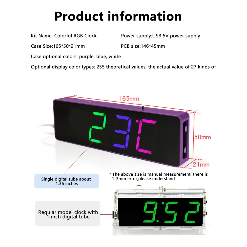 Digital Clock DIY Kit Colorful Digital Electronic Clock Single Chip Welding Practice Loose Parts