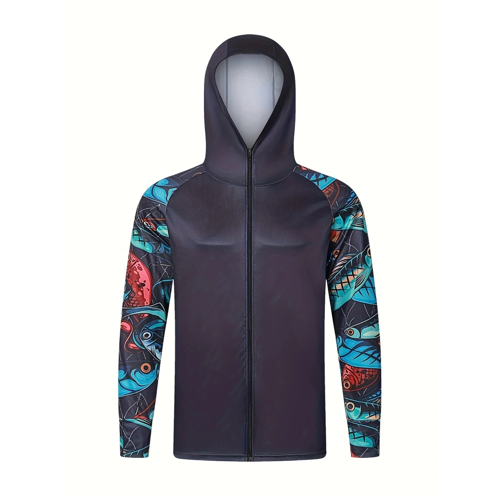 Fishing Shirt Fishing Clothes Sunscreen Jacket Fishing Wear Sun-Protection Anti-UV UPF 50+ Long sleeved Zipper Hooded Jersey Fishing Hiking Clothes