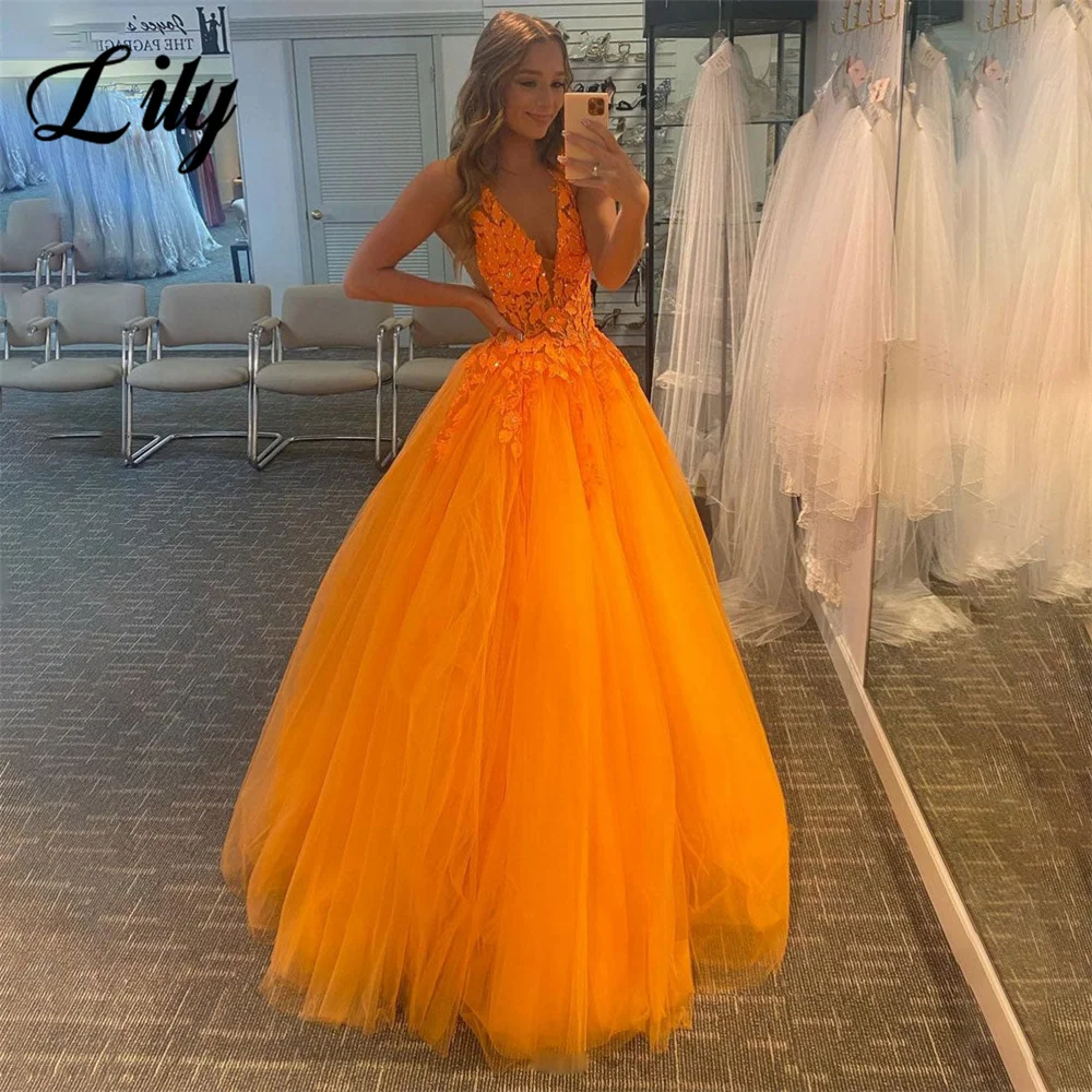 

Lily Orange A Line Evening Gown Spaghetti Strap Prom Dresses with Lace Appliques Wedding Plaets Evening Dress robes de soirée