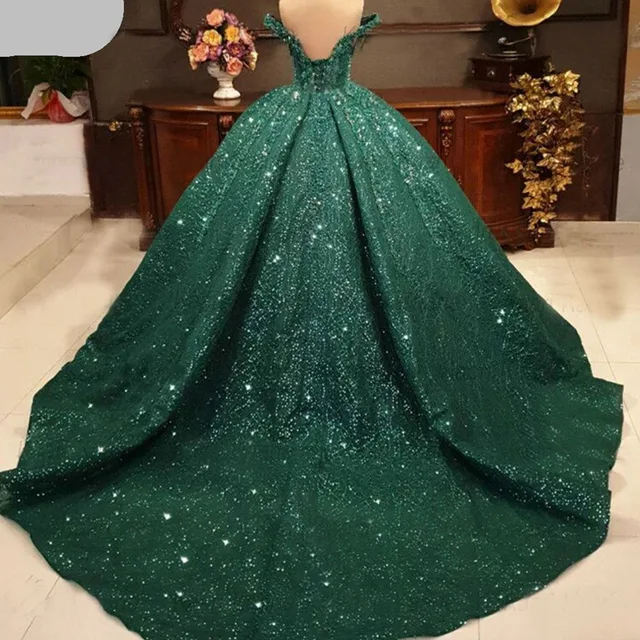 Arabic green sequins beading wedding dresses sexy off shoulder lace applique evening party gowns customize vestido