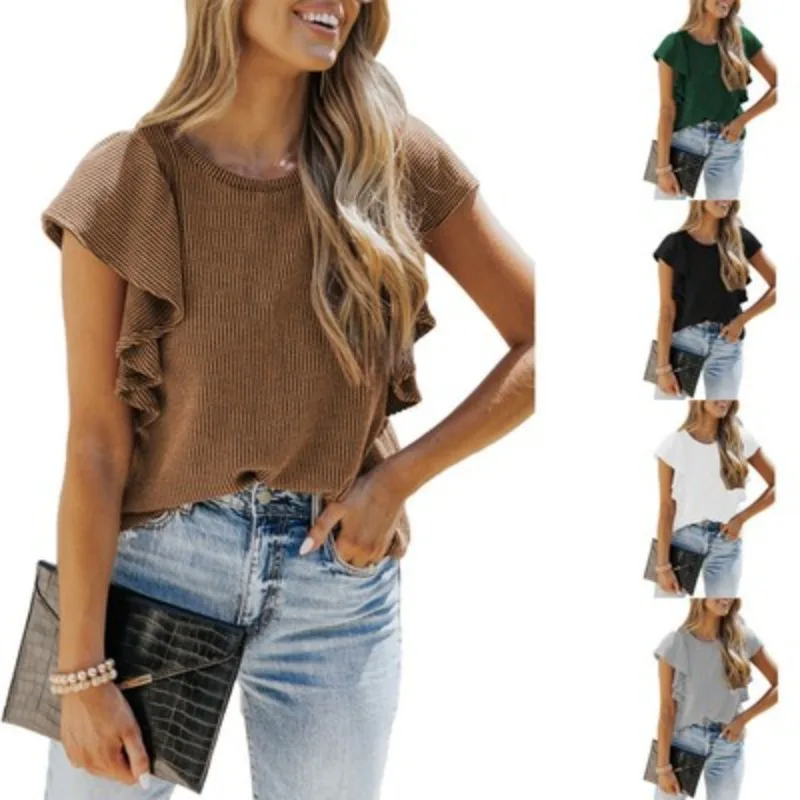 New ribbed knit ruffled short sleeve T-shirt women's casual crew-neck top